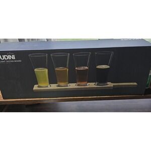 Houdini Beer Flight Tasting Board Set w/4 Glasses Wooden Paddle Barware New
